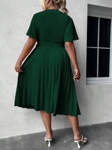 SHEIN Clasi Plus Surplice Neck Pleated Hem Belted Dress - Dark Green - View 2