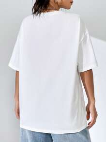 Tseoso 休闲字母卡通熊图案圆领短袖超大T恤女款，适合夏季 - 白色 - 查看 6