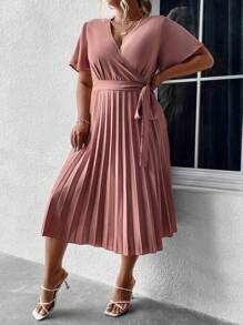 SHEIN Clasi Plus Surplice Neck Pleated Hem Belted Dress - Dusty Pink - View 3