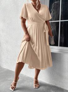 SHEIN Clasi Plus Surplice Neck Belted Pleated Hem Dress - Apricot - View 4