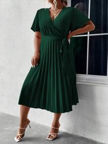 SHEIN Clasi Plus Surplice Neck Pleated Hem Belted Dress - Dark Green - View 4