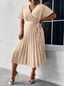 SHEIN Clasi Plus Surplice Neck Belted Pleated Hem Dress - Apricot - View 5