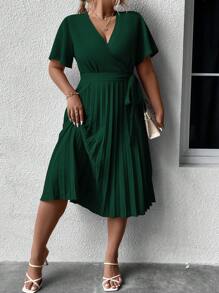 SHEIN Clasi Plus Surplice Neck Pleated Hem Belted Dress - Dark Green - View 5