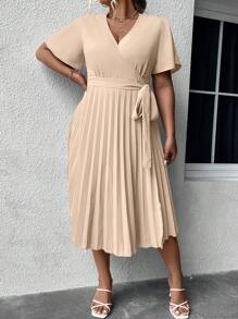 SHEIN Clasi Plus Surplice Neck Belted Pleated Hem Dress - Apricot - View 6