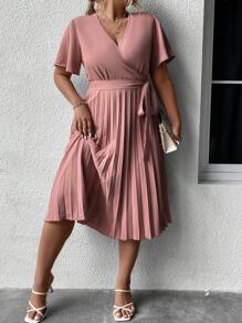 SHEIN Clasi Plus Surplice Neck Pleated Hem Belted Dress - Dusty Pink - View 5