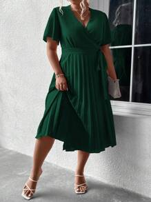 SHEIN Clasi Plus Surplice Neck Pleated Hem Belted Dress - Dark Green - View 6