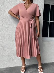 SHEIN Clasi Plus Surplice Neck Pleated Hem Belted Dress - Dusty Pink - View 6