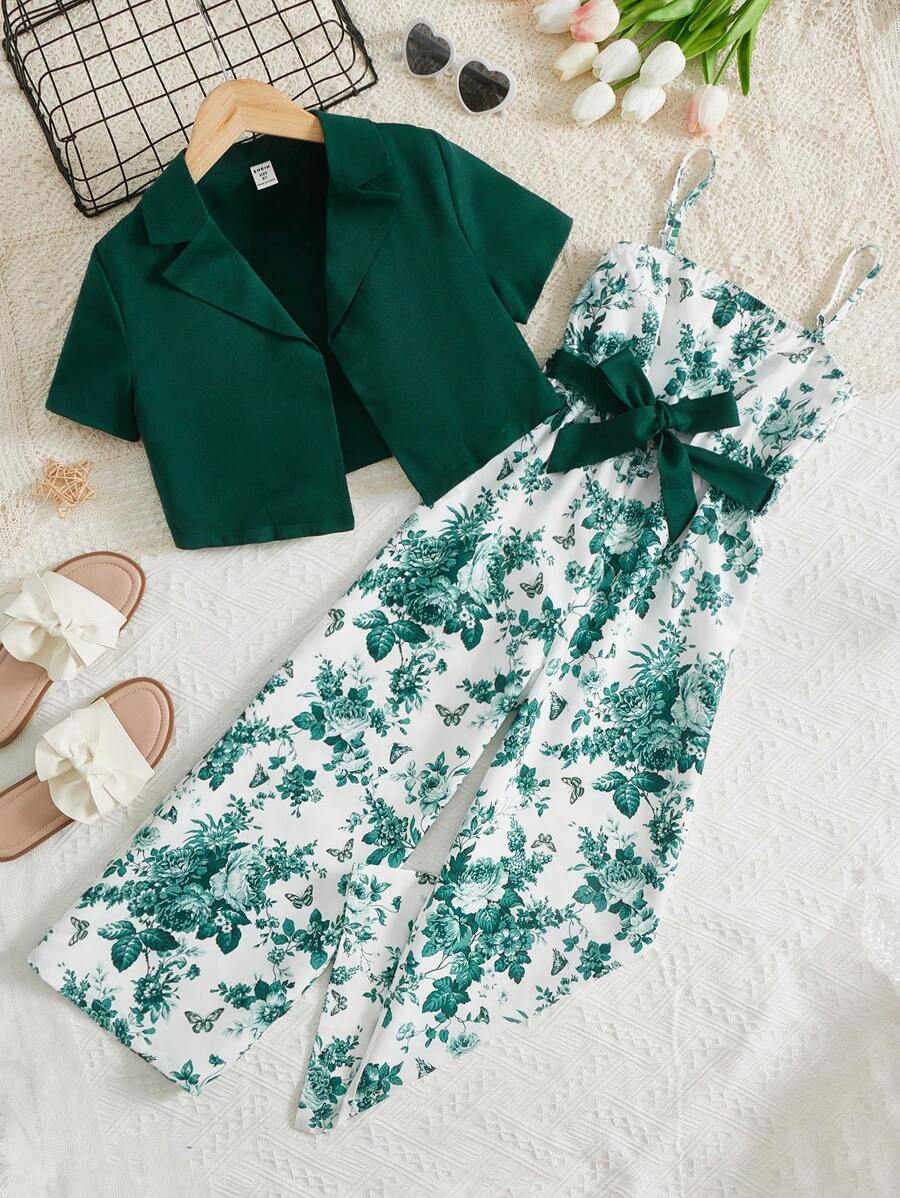 SHEIN Leap Crew 口袋少女襯衫領夾克和花卉印花腰帶套裝背心連體褲