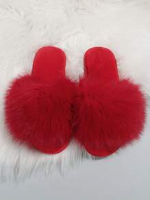 Fall/Winter Women's New Flat Anti-Slip Slippers, Fashion Strap, Silent Pearl Open-Toe House Slippers, Suitable For All Season Home Use,Christmas,Fluffy Slippers,New Year Outfits - Red - View 2