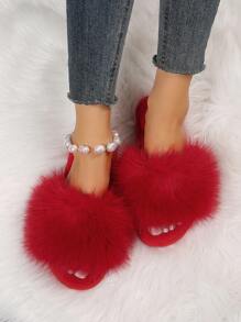 Fall/Winter Women's New Flat Anti-Slip Slippers, Fashion Strap, Silent Pearl Open-Toe House Slippers, Suitable For All Season Home Use,Christmas,Fluffy Slippers,New Year Outfits - Red - View 6