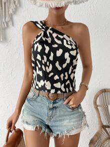 SHEIN VCAY Allover Print One Shoulder Blouse - Multicolor - View 1