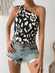 SHEIN VCAY Allover Print One Shoulder Blouse - Multicolor - View 4
