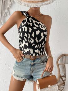 SHEIN VCAY Allover Print One Shoulder Blouse - Multicolor - View 6