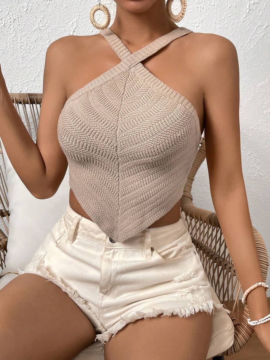 SHEIN VCAY Solid Hanky Hem Knit Top - Khaki - View 1