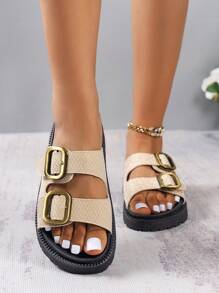 Elegant Beige Sandals For Women, Buckle Decor Flatform Slide Sandals - Beige - View 3