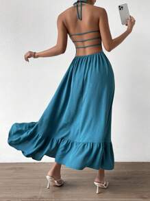 Chiquease Solid Cut Out Backless Shirred Ruffle Hem Cami Dress - Teal Blue - View 1