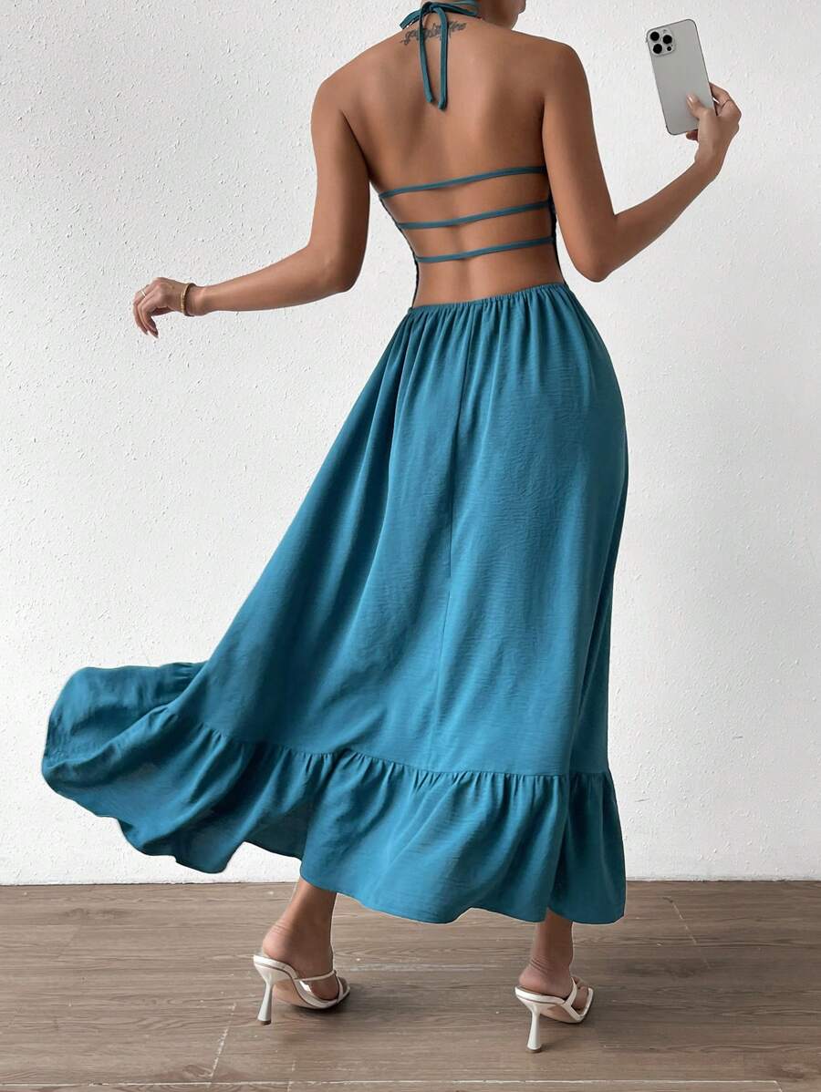Chiquease Solid Cut Out Backless Shirred Ruffle Hem Cami Dress - Teal Blue - View 1