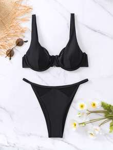 SHEIN Swim Bộ bikini đi biển mùa hè có dây buộc chắc chắn - màu đen - Xem 3