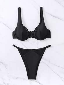 SHEIN Swim Bộ bikini đi biển mùa hè có dây buộc chắc chắn - màu đen - Xem 4