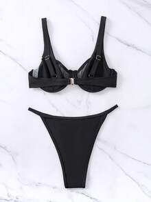 SHEIN Swim Bộ bikini đi biển mùa hè có dây buộc chắc chắn - màu đen - Xem 5
