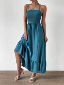 Chiquease Solid Cut Out Backless Shirred Ruffle Hem Cami Dress - Teal Blue - View 4
