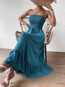 Chiquease Solid Cut Out Backless Shirred Ruffle Hem Cami Dress - Teal Blue - View 5