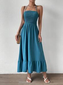 Chiquease Solid Cut Out Backless Shirred Ruffle Hem Cami Dress - Teal Blue - View 6