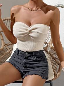 SHEIN VCAY 前扭結抹胸針織上衣 - 米色 - 查看 3