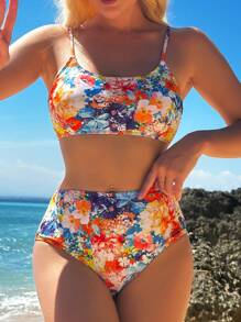 Floral Print High Waisted Bikini Set - Orange - View 1