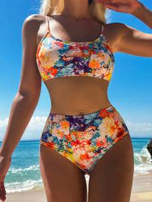 Floral Print High Waisted Bikini Set - Orange - View 3
