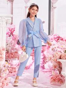 SHEIN Bộ hai mảnh Gái Thắt lưng Tương phản Mesh ghép mộng kim sa Xù cắt màu trơn Buổi tiệc - Màu xanh nhạt - Xem 1