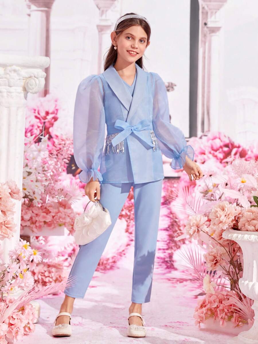 SHEIN Bộ hai mảnh Gái Thắt lưng Tương phản Mesh ghép mộng kim sa Xù cắt màu trơn Buổi tiệc - Màu xanh nhạt - Xem 1