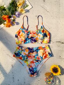 Floral Print High Waisted Bikini Set - Orange - View 5