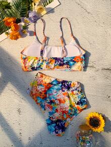 Floral Print High Waisted Bikini Set - Orange - View 6