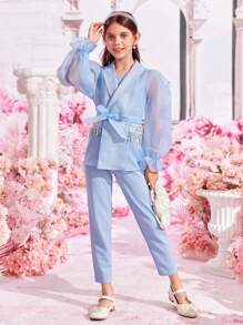 SHEIN Bộ hai mảnh Gái Thắt lưng Tương phản Mesh ghép mộng kim sa Xù cắt màu trơn Buổi tiệc - Màu xanh nhạt - Xem 3
