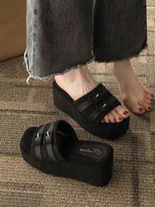 2025新款时尚女士舒适个性化简约黑色布艺厚底粗跟凉鞋，春夏穿搭 - 黑色 - 查看 3