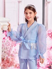 SHEIN Bộ hai mảnh Gái Thắt lưng Tương phản Mesh ghép mộng kim sa Xù cắt màu trơn Buổi tiệc - Màu xanh nhạt - Xem 4
