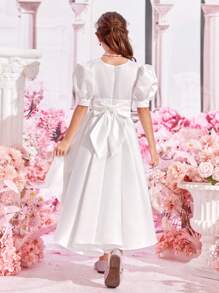 SHEIN 女孩1入組泡泡袖高低下擺連衣裙 - 白色 - 查看 2