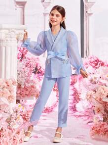 SHEIN Bộ hai mảnh Gái Thắt lưng Tương phản Mesh ghép mộng kim sa Xù cắt màu trơn Buổi tiệc - Màu xanh nhạt - Xem 5