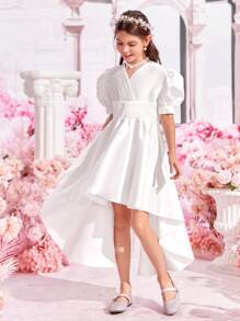 SHEIN 女孩1入組泡泡袖高低下擺連衣裙 - 白色 - 查看 6
