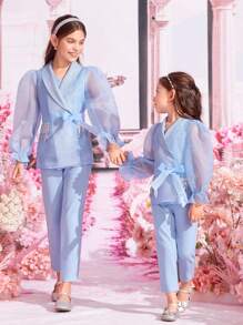 SHEIN Bộ hai mảnh Gái Thắt lưng Tương phản Mesh ghép mộng kim sa Xù cắt màu trơn Buổi tiệc - Màu xanh nhạt - Xem 6