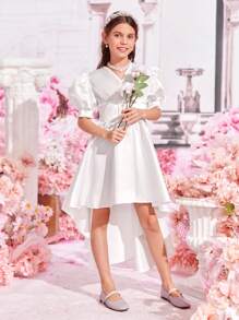 SHEIN 女孩1入組泡泡袖高低下擺連衣裙 - 白色 - 查看 7