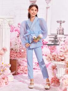 SHEIN Bộ hai mảnh Gái Thắt lưng Tương phản Mesh ghép mộng kim sa Xù cắt màu trơn Buổi tiệc - Màu xanh nhạt - Xem 7