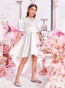 SHEIN 女孩1入組泡泡袖高低下擺連衣裙 - 白色 - 查看 4