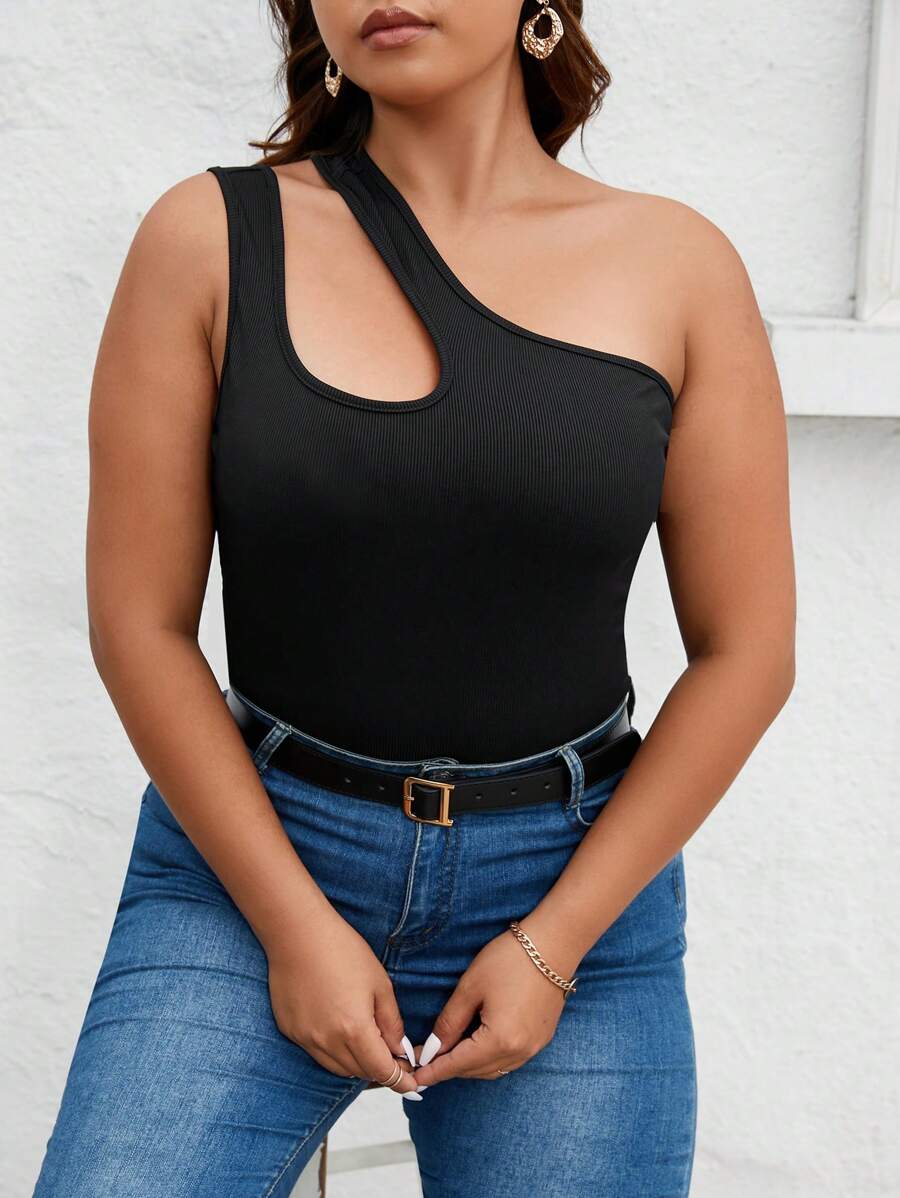 SHEIN Privé Top de un hombro con abertura tejido de canalé - Negro - Ver 1