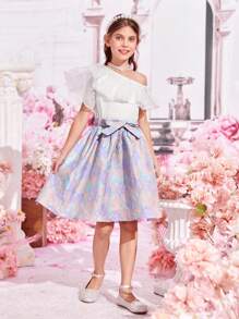 SHEIN 女孩1入組不對稱領荷葉邊上衣和1入組提花腰帶半身裙 - 彩色 - 查看 3