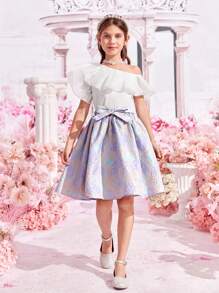 SHEIN 女孩1入組不對稱領荷葉邊上衣和1入組提花腰帶半身裙 - 彩色 - 查看 4