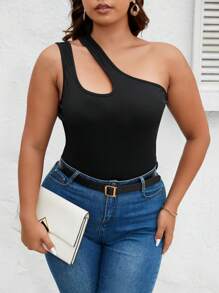 SHEIN Privé Top de un hombro con abertura tejido de canalé - Negro - Ver 3