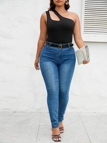 SHEIN Privé Top de un hombro con abertura tejido de canalé - Negro - Ver 4