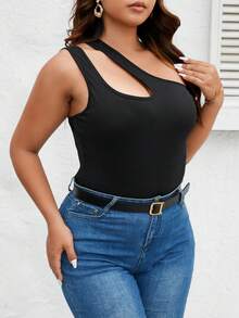 SHEIN Privé Top de un hombro con abertura tejido de canalé - Negro - Ver 5